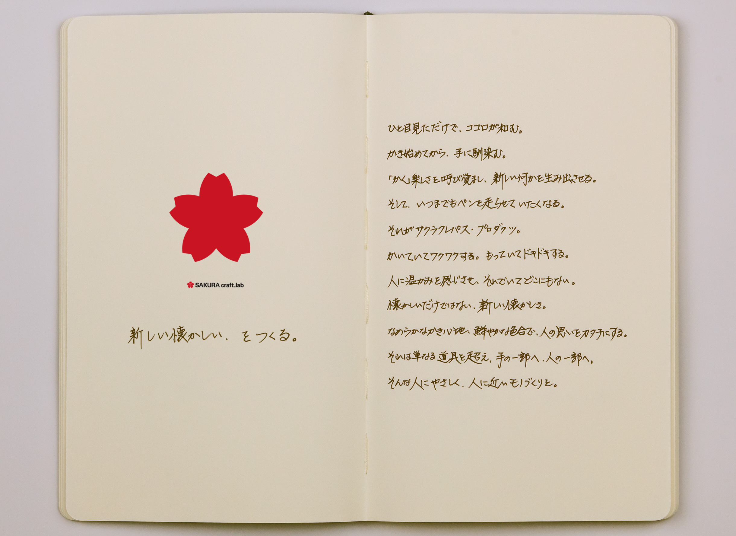 ひと目見ただけで、ココロが和む。かき始めから手に染む。「かく」楽しさを呼び覚まし、新しい何かを生み出させる。そして、いつまでも、ペンを走らせていたくなる。そんな大人のための筆記用具を、私たちは発明します。かいていてワクワクする、もっていてドキドキする。人の温かみを感じさせ、それでいてどこにもない。懐かしいだけではない、新しい懐かしさ。なめらかなかき心地、鮮やかな色合いで、人の思いをカタチにする。それは単なる道具を超え、手の一部へ、人の一部へ。そんな人にやさしく、人に近いモノづくりを。Sakura craft_lab